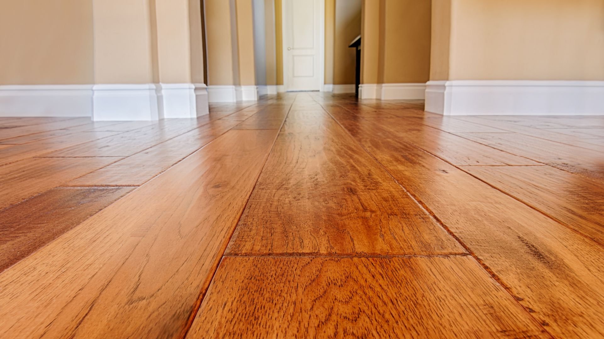 Polished hardwood floor with white baseboards in an empty room
