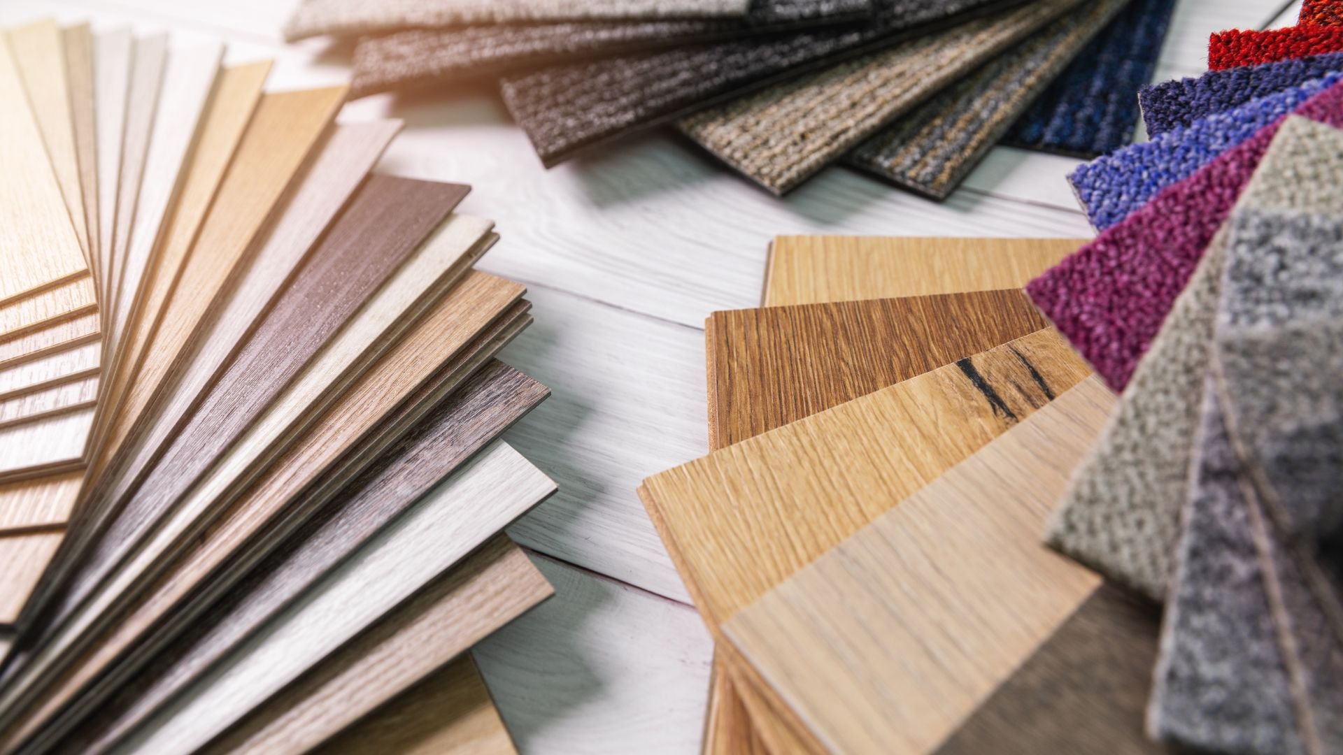 Carpet and wood samples in various colors and textures for interior design