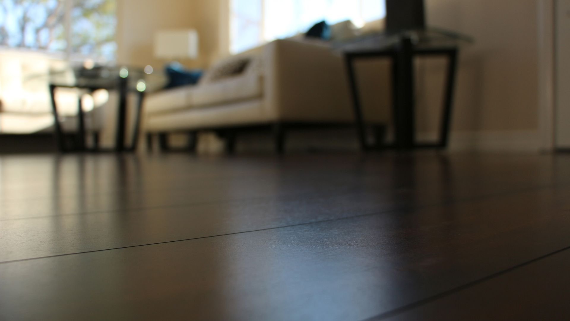 Blurred living room interior with dark wooden floor and lantern